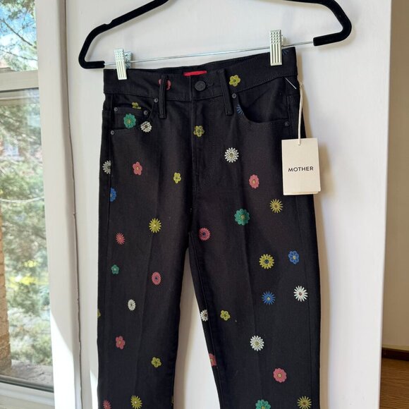 NWT MOTHER The Insider Flood Jeans Mid Rise Flare Denim Daisy Flower Print Black - Picture 1 of 17